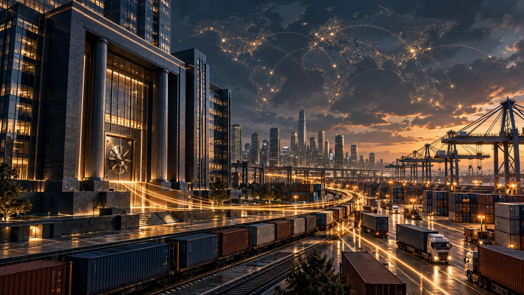 An executive desk overlooking a financial skyline and port at dusk, with currency symbols and a world map overlay