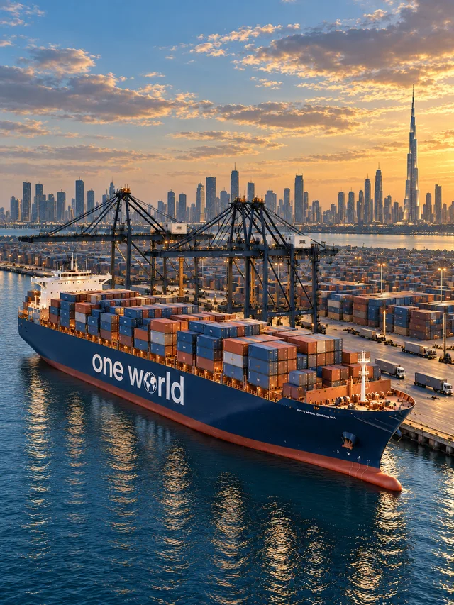 A One World-branded container ship docked at a Dubai port at sunset, the city skyline behind it